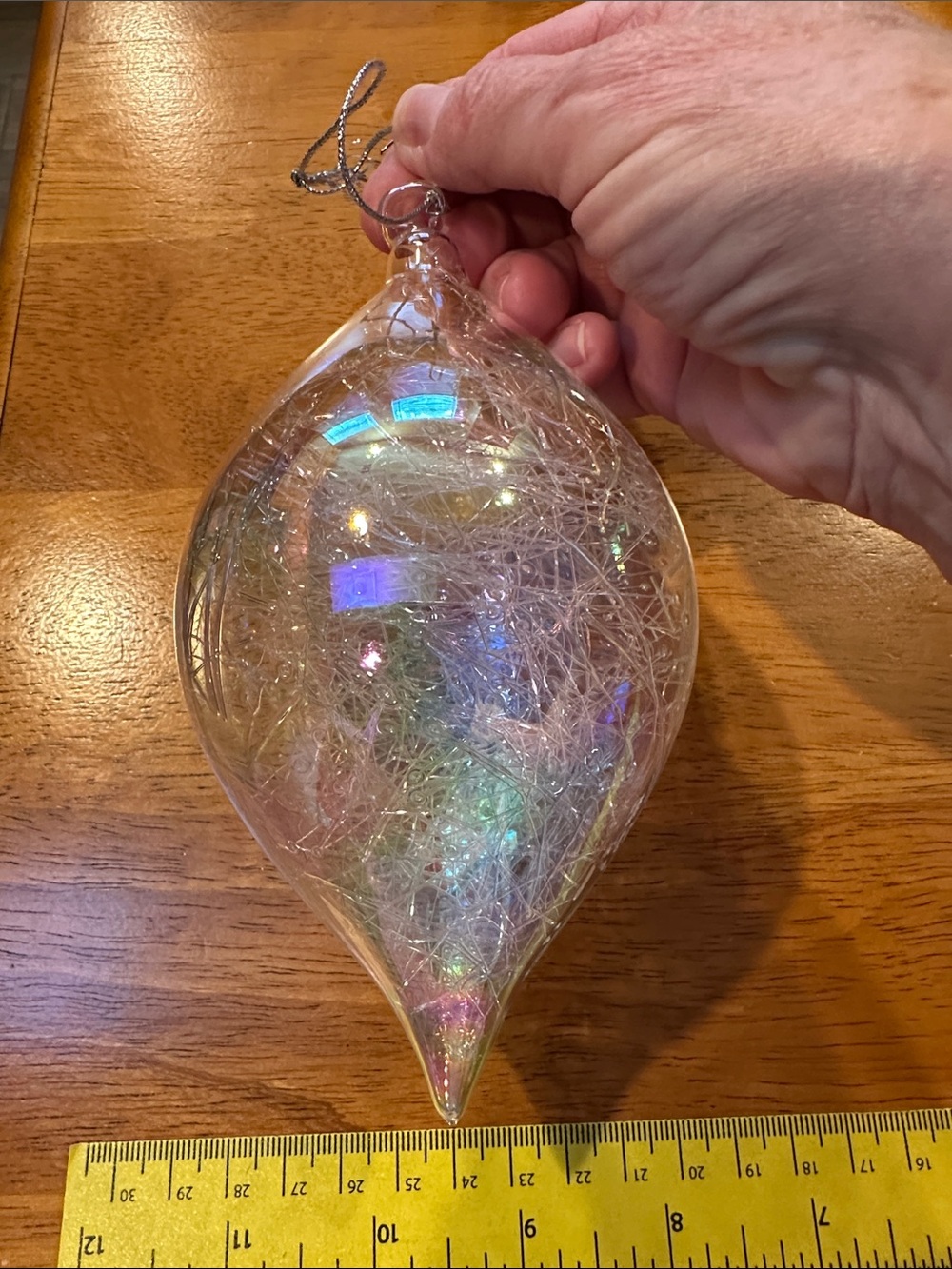 Iridescent Glass Teardrop Ornament with Silver Tinsel
